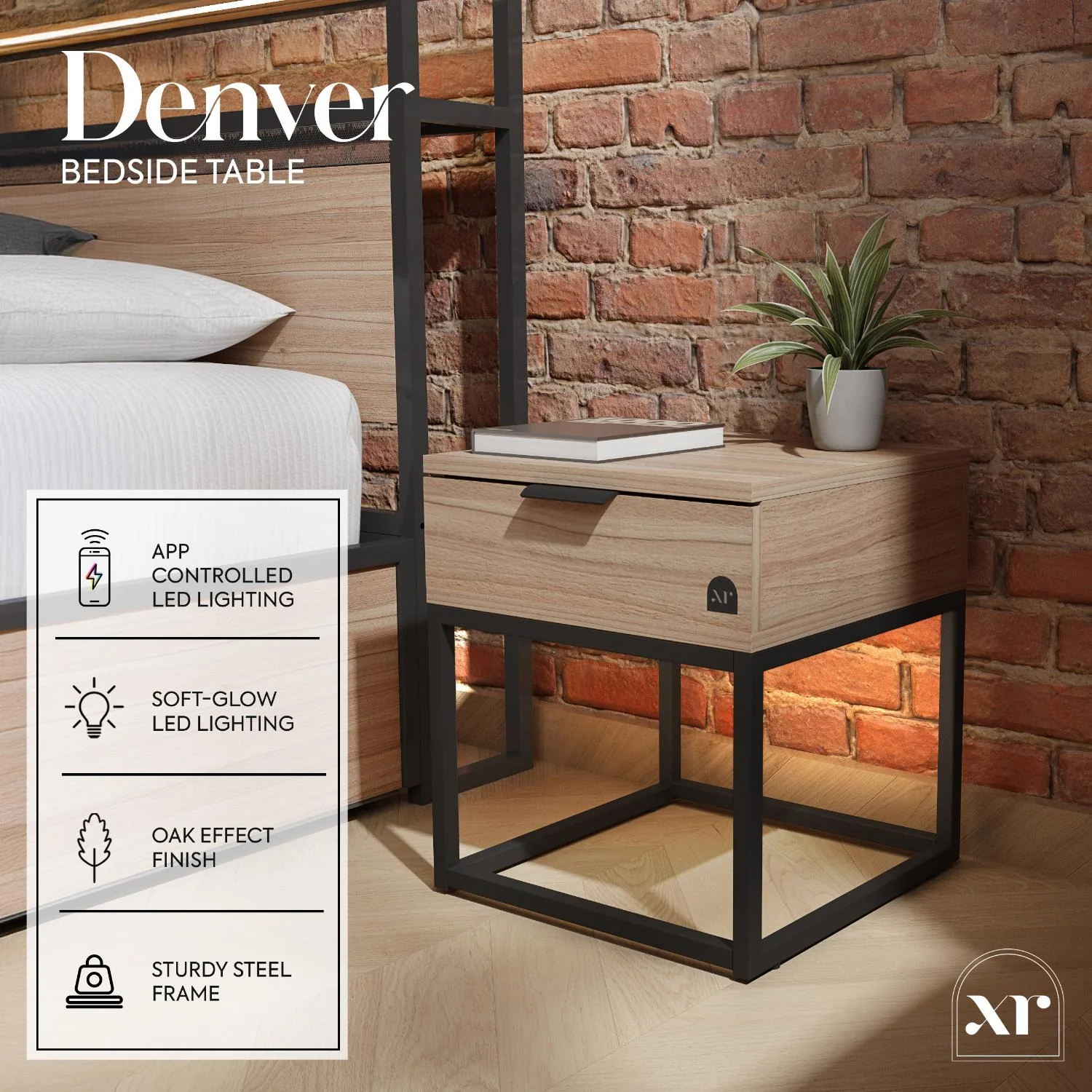 Denver Bedside Table With App Controlled LED Lights - Oak / Black