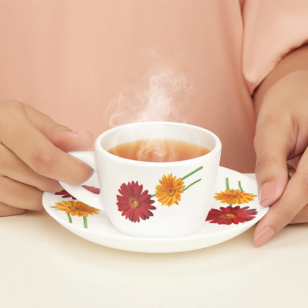 Larah by Borosil Zinnia Cup n Saucer Set, 140ml x 12