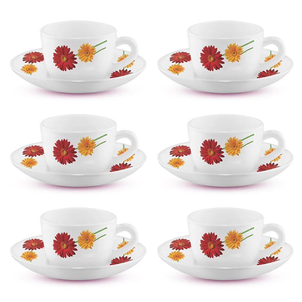 Larah by Borosil Zinnia Cup n Saucer Set, 90ml x 12