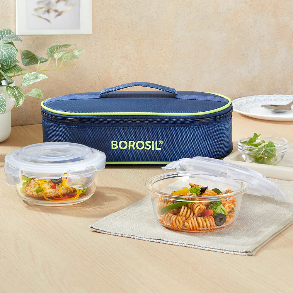 Borosil Blue Glass Lunchbox, Round x 2 (Flat), 400ml x 2