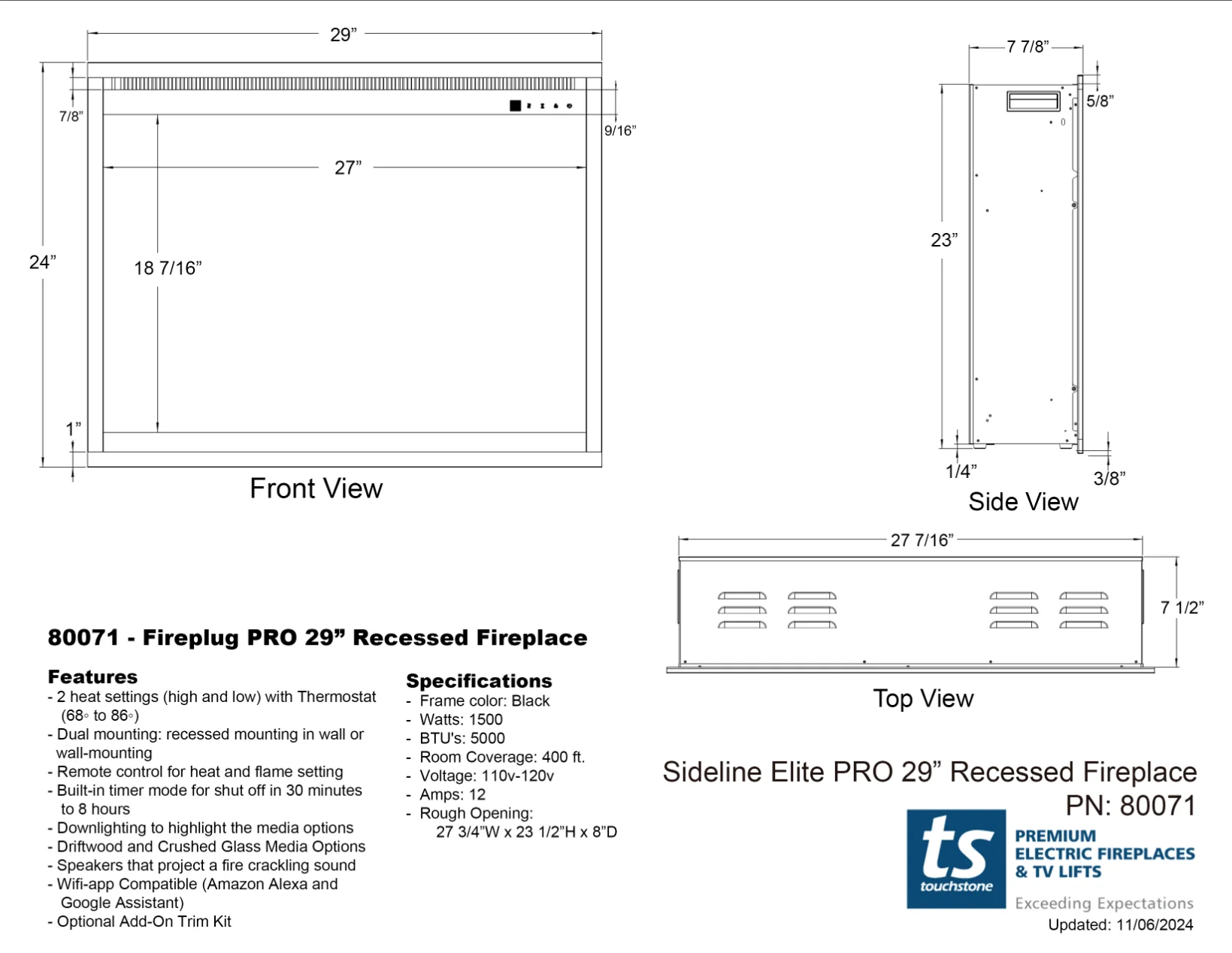 Fireplug™ Pro 29 inch Smart Electric Fireplace Insert with Fire Crackle Sound 80071