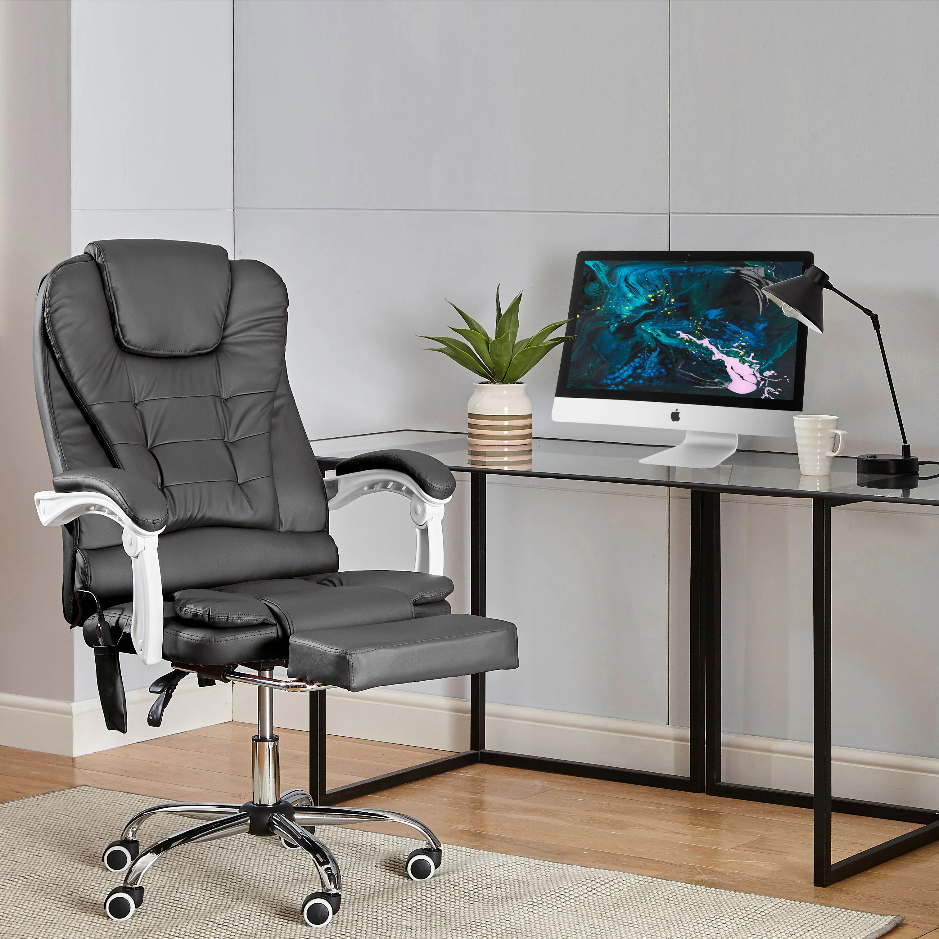 Neo Office Chair Dark Grey Faux Leather With Footrest & Massage Function