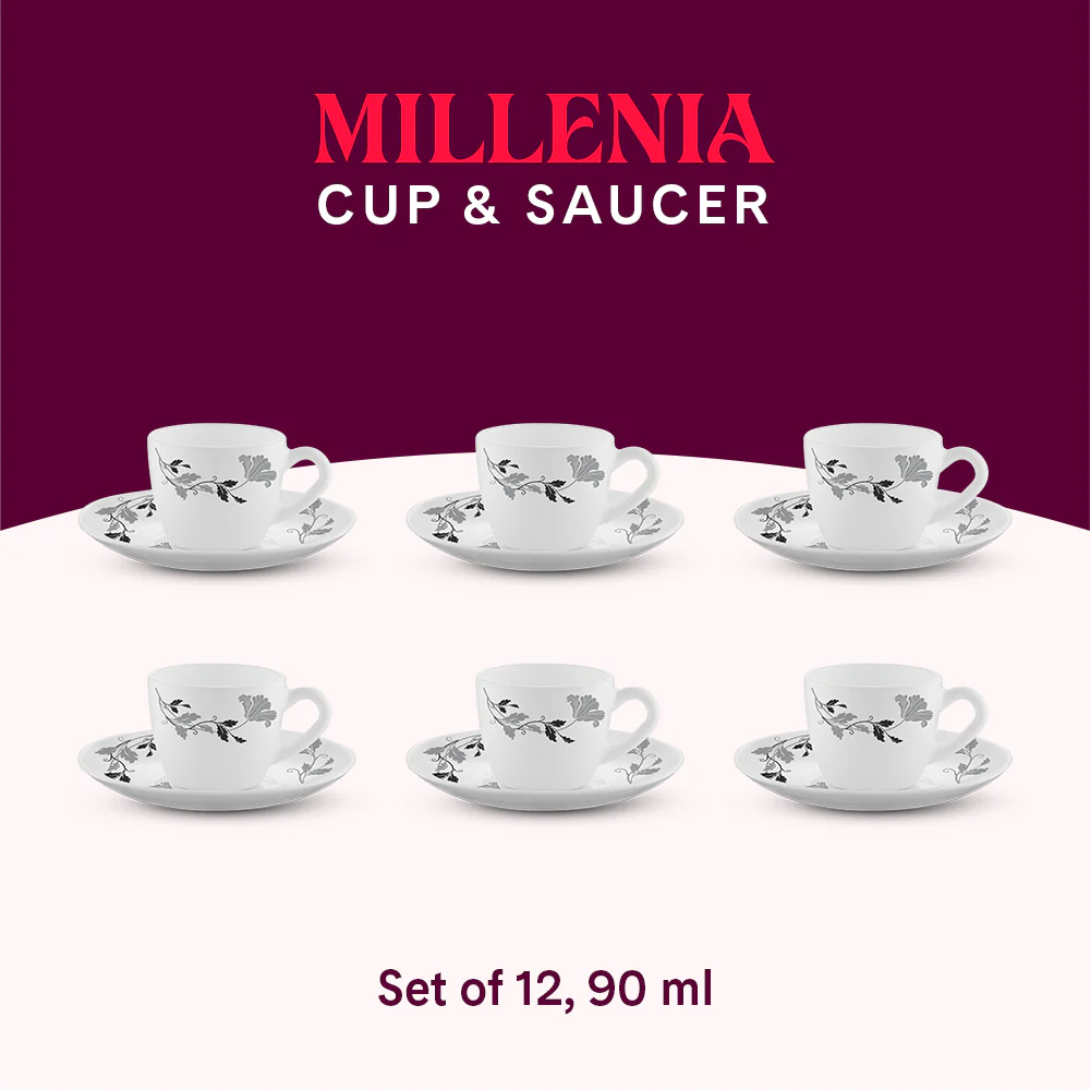 Larah by Borosil Millenia Cup n Saucer Set, 90ml x 12