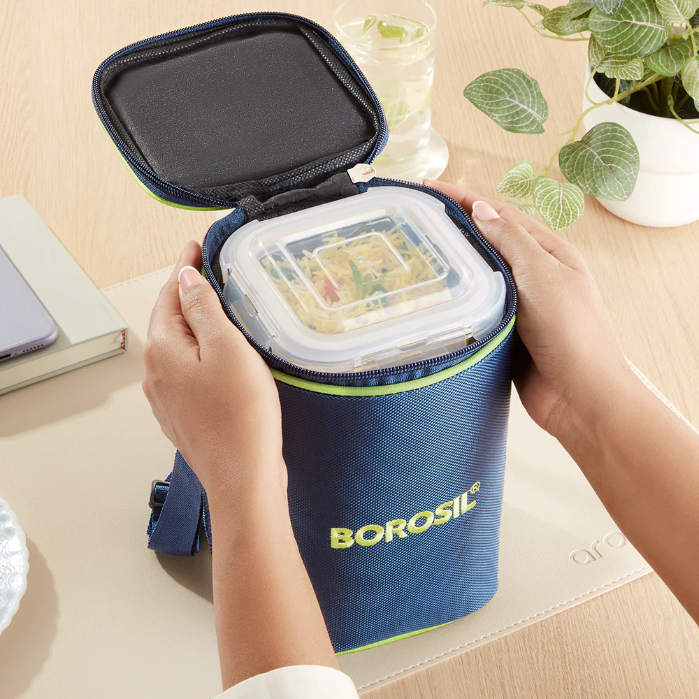 Borosil Blue Glass Lunchbox, Square x 3, 320ml x 3