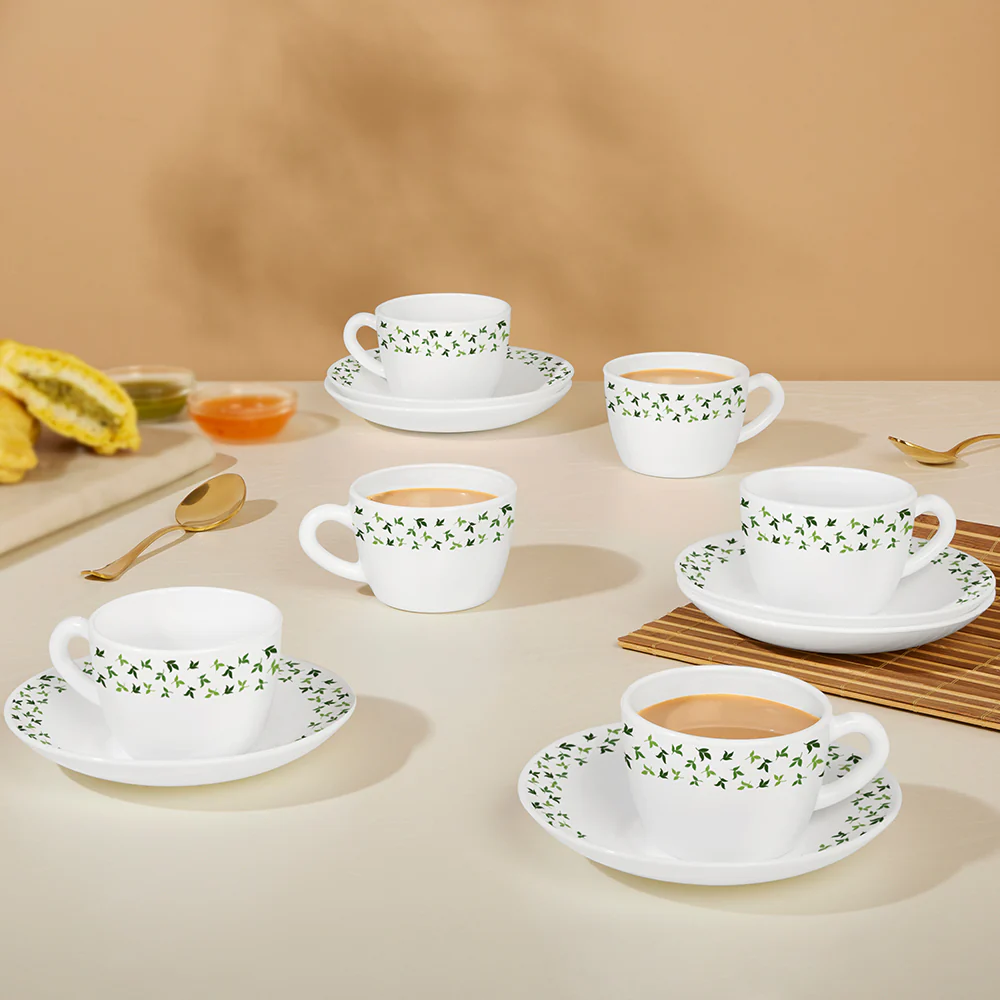 Larah By Borosil Sage Cup n Saucer Set, 220ml x 12