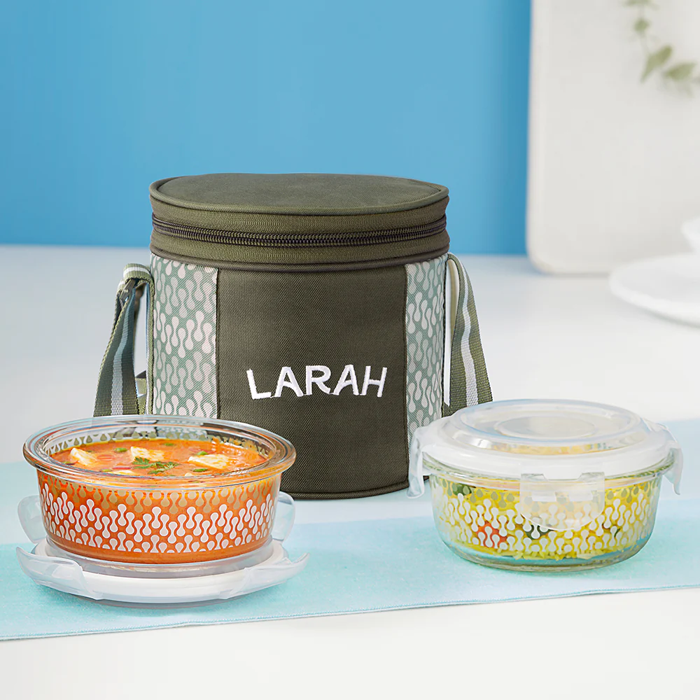 Larah Gracia Glass Lunchbox, Round x 2 (Tall), 400ml x 2
