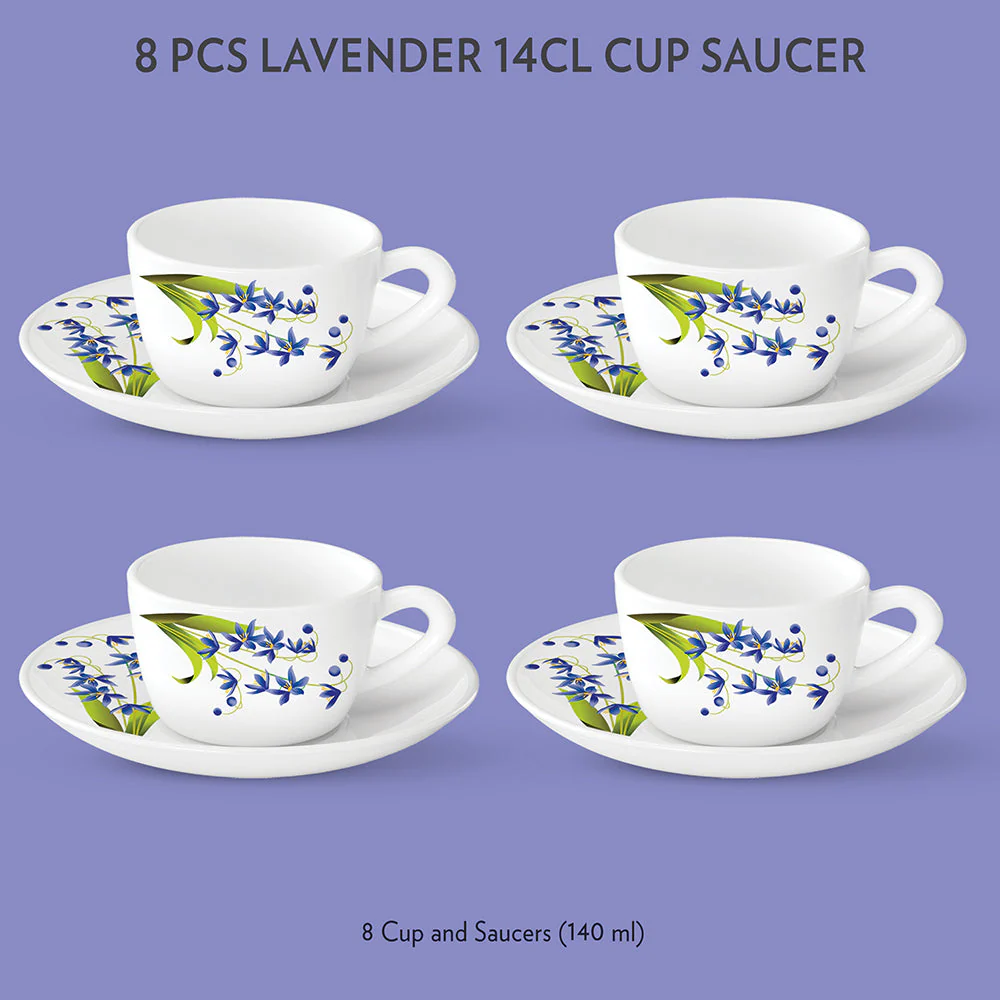 Larah by Borosil Lavender Cup n Saucer Set, 140ml x 8