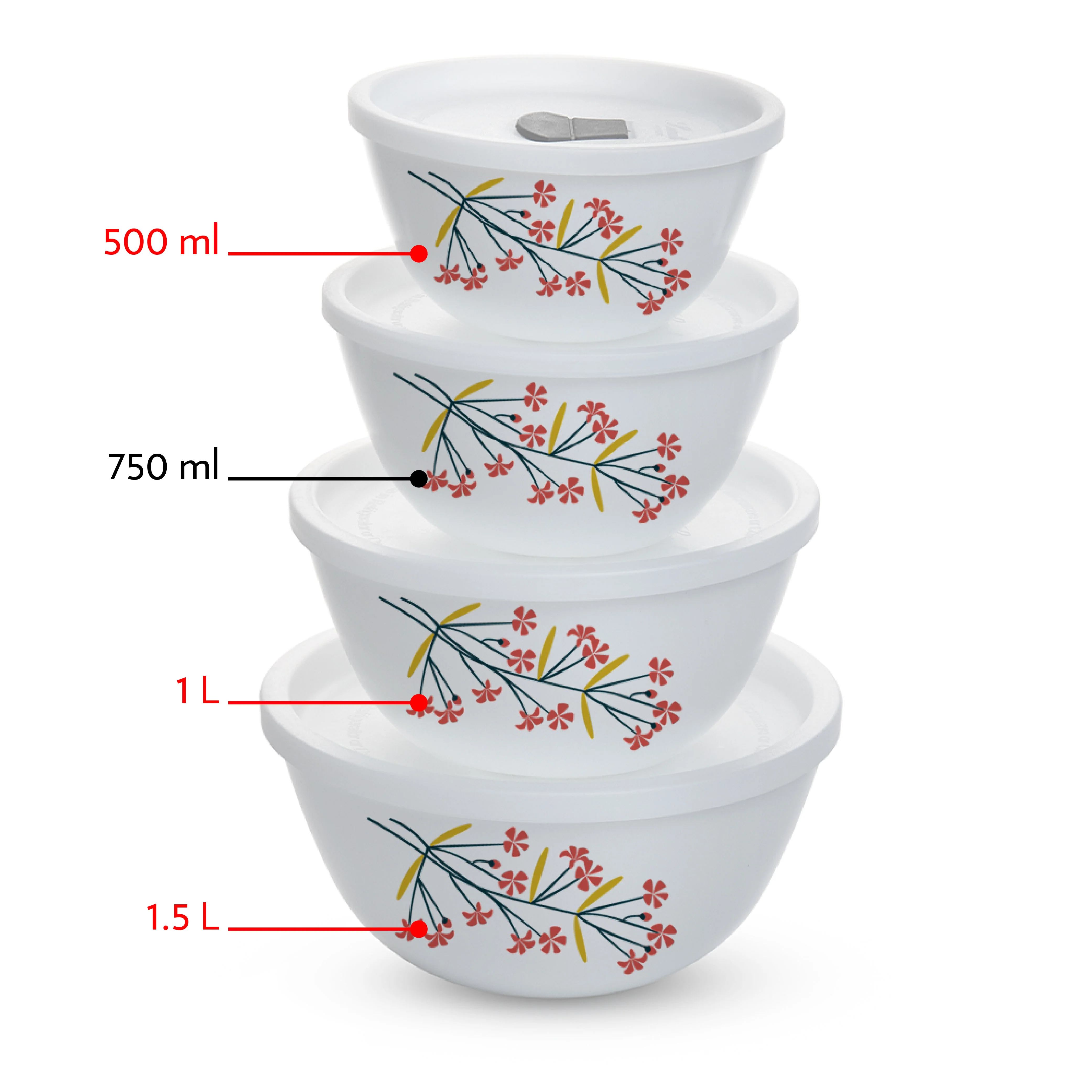 Larah by Borosil Red Bud 4 pc Mixing Bowl, 500 ml + 1 L + 1.5 L