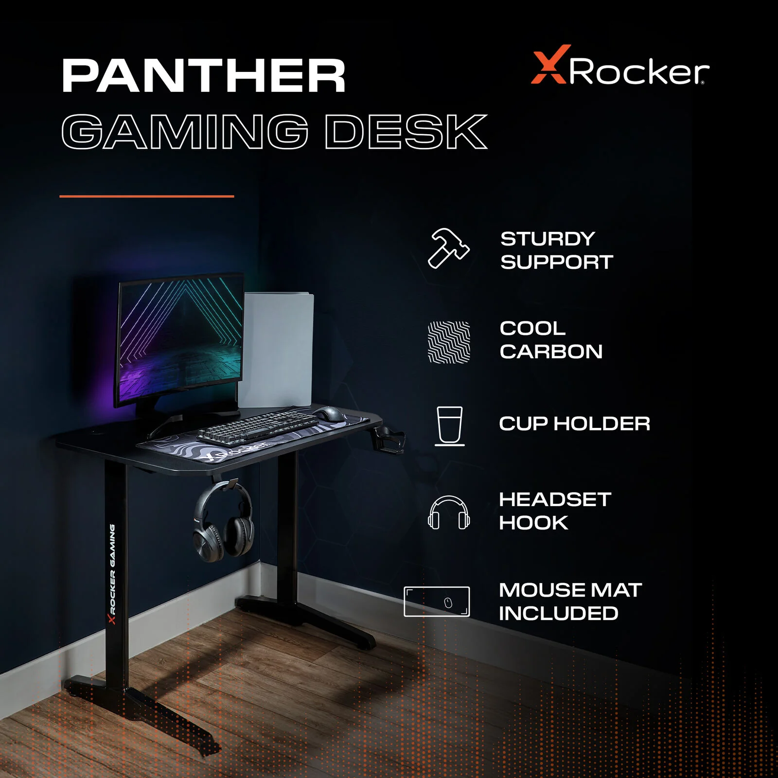 Panther 100cm Gaming Desk with Mousepad - Carbon Black