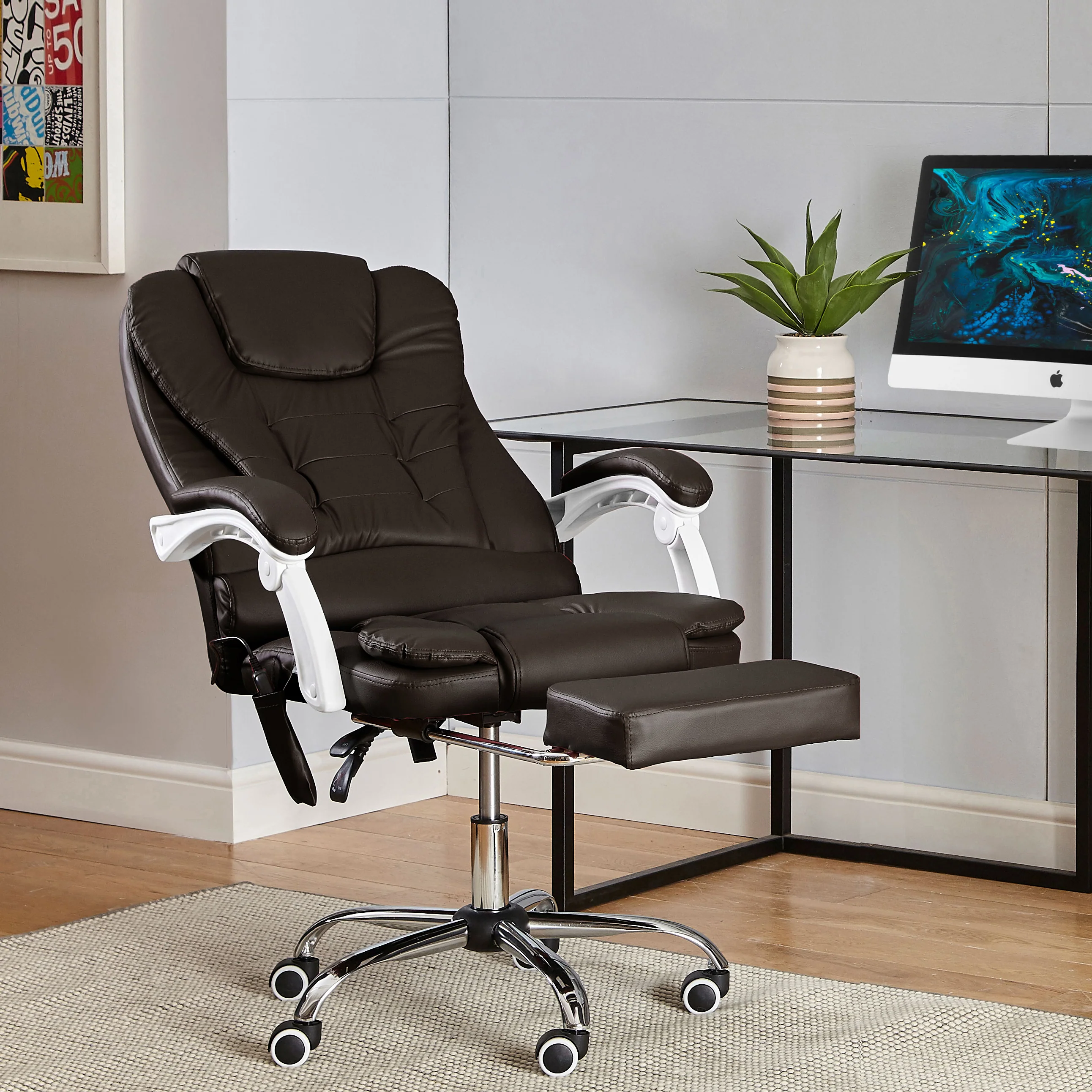 Neo Office Chair Brown Faux Leather with Massage Function & Footrest