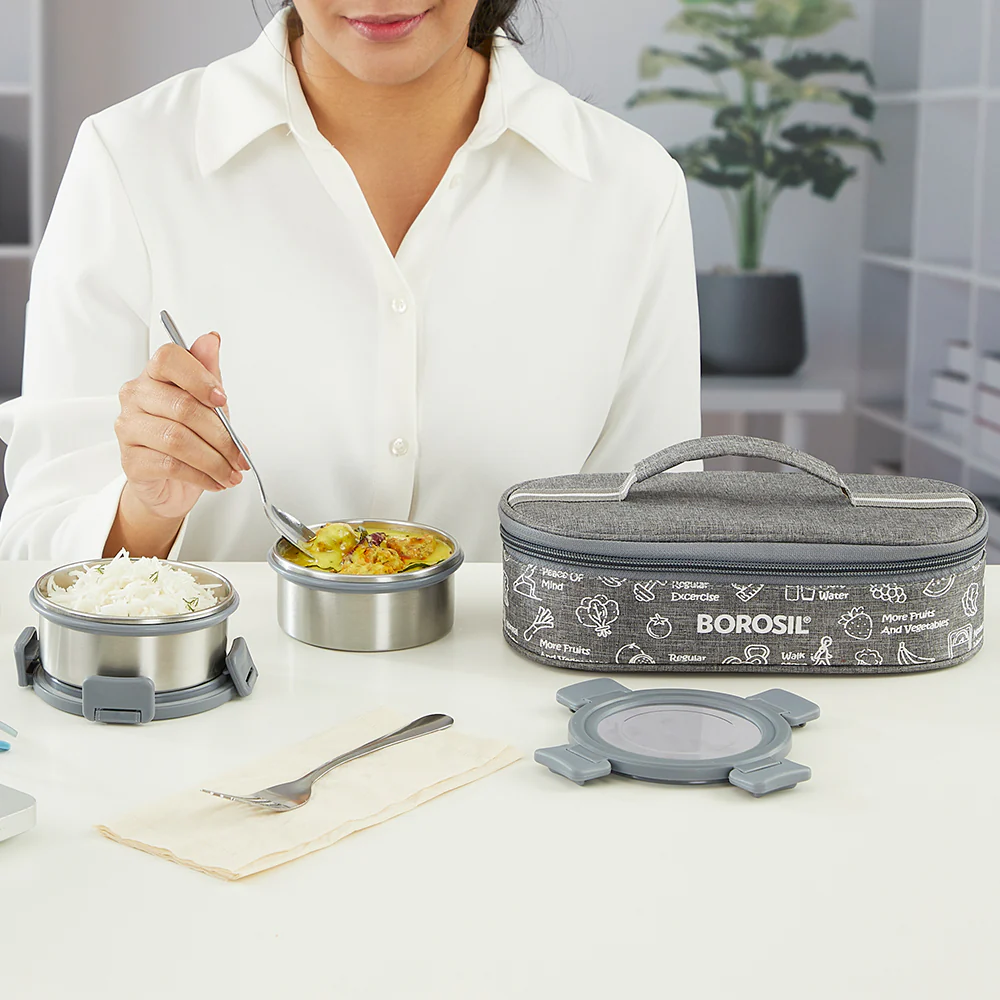 Borosil Slate Stainless Steel Lunchbox, Set of 2, Flat, 280ml