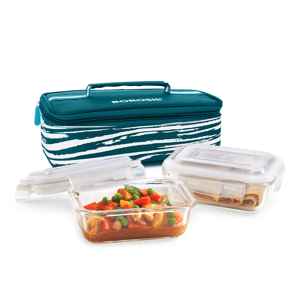 Steller Glass Lunch Box, Rectangular x 2 (Flat), Set of 2, 370ml