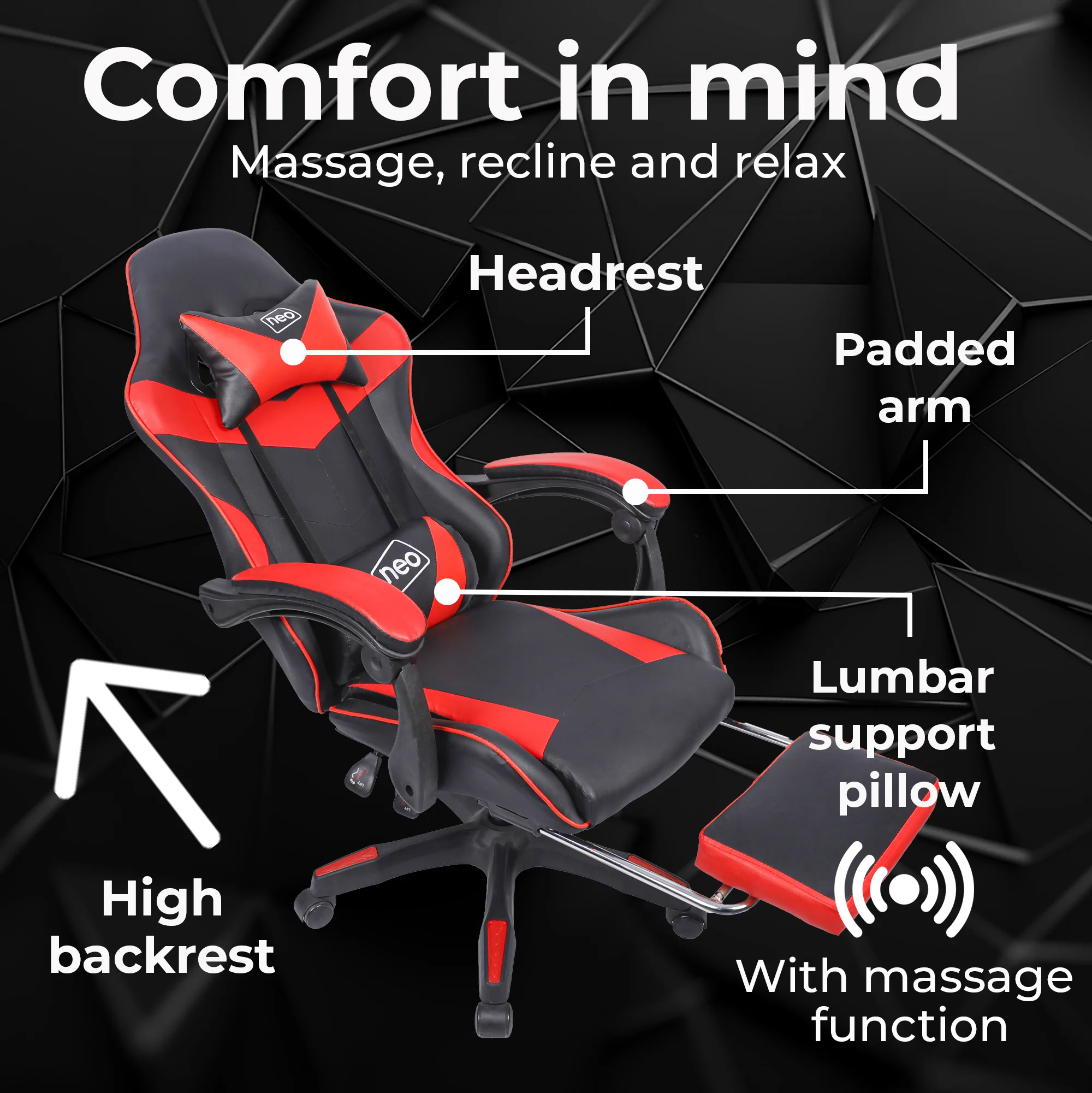 Neo Gaming Chair Red & Black PU Leather With Footrest