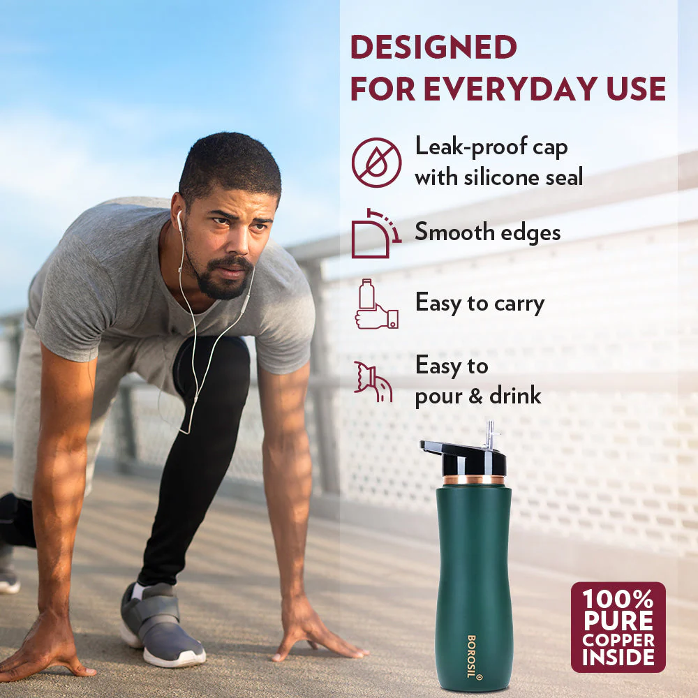 Borosil Sipper Copper Bottle, Green, 750ml