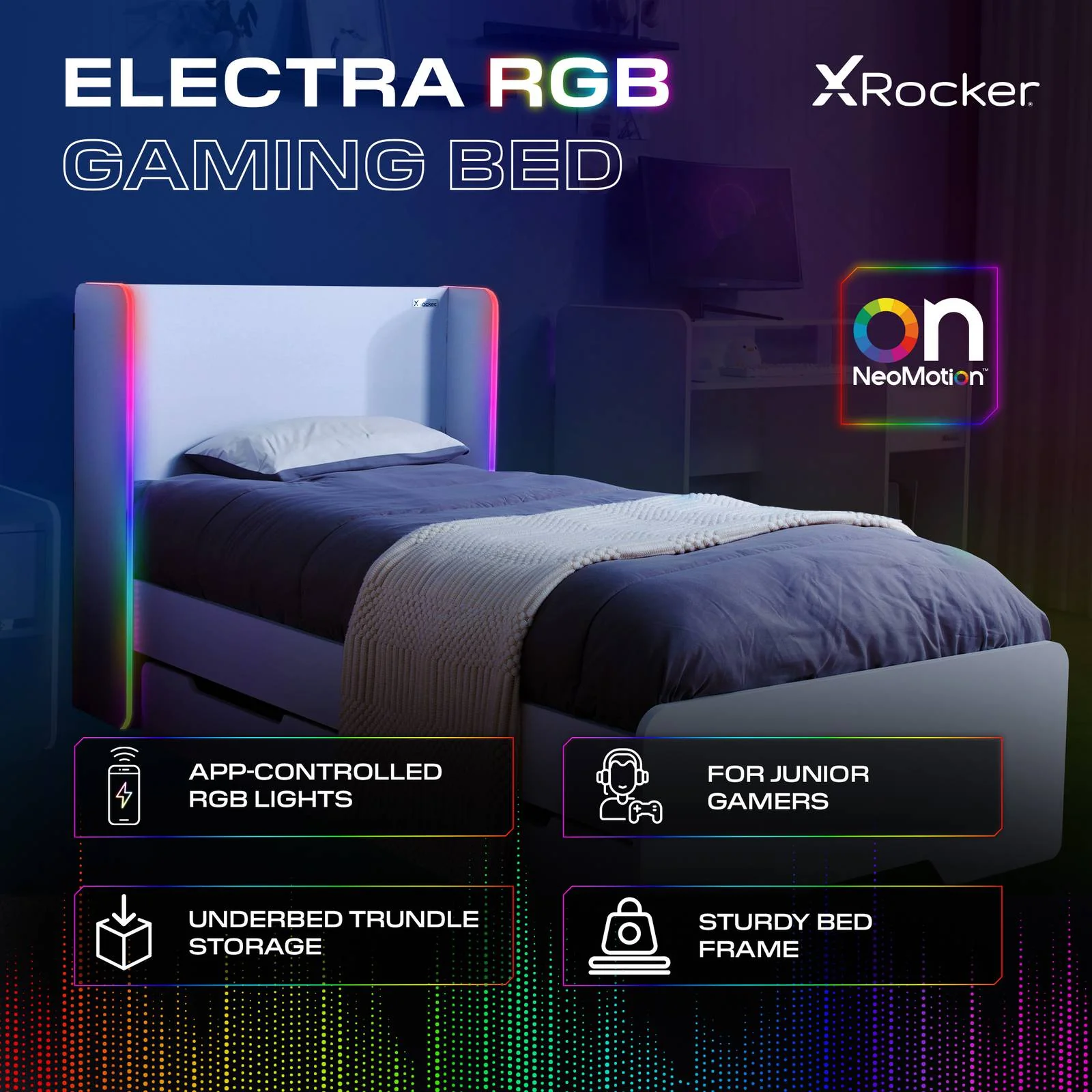 Electra LED Single Gaming Bed with Drawers - White RGB