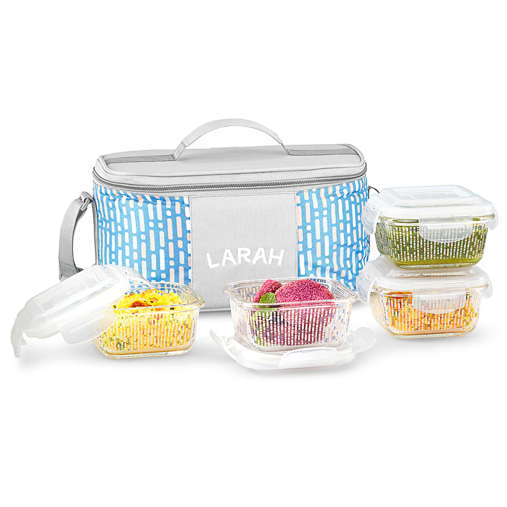 Larah Vogue Glass Lunchbox, Square x 4, 320ml x 4