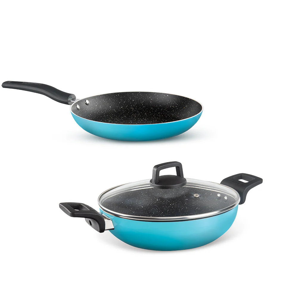 Borosil Festive Glory Cookware Set, Blue, 3 pc Set (Deep Kadhai + Fry Pan + Glass Lid)