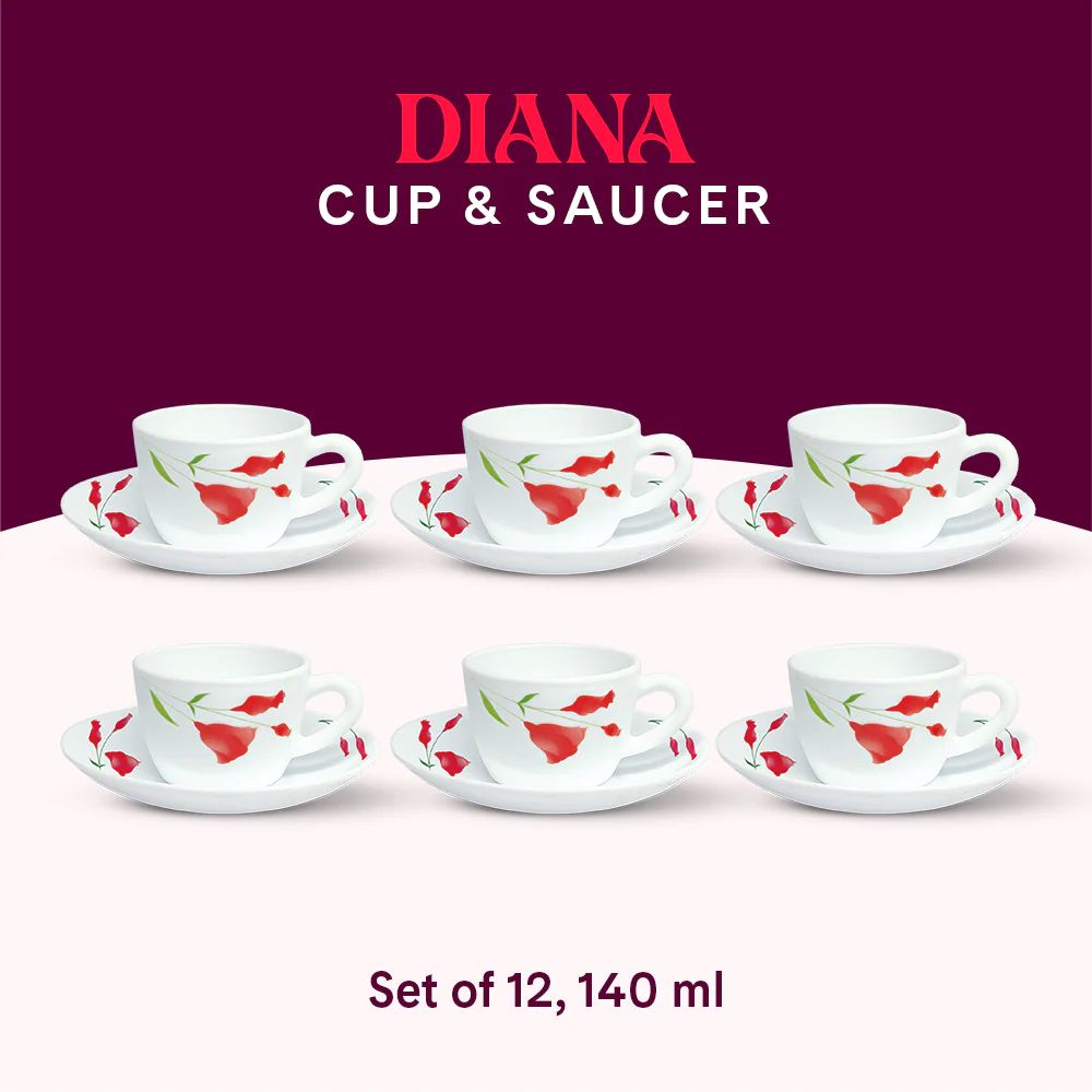Larah by Borosil Diana Cup n Saucer Set, 140ml x 12
