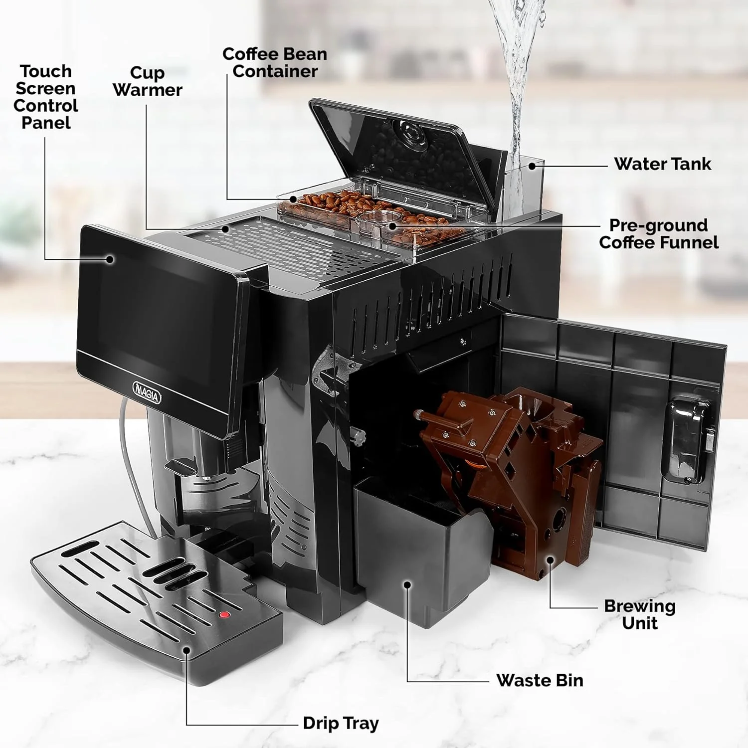 Automatic Coffee Espresso Machine With Grinder 7” Touch Screen, 20 Coffee Recipes, 10 User Profiles