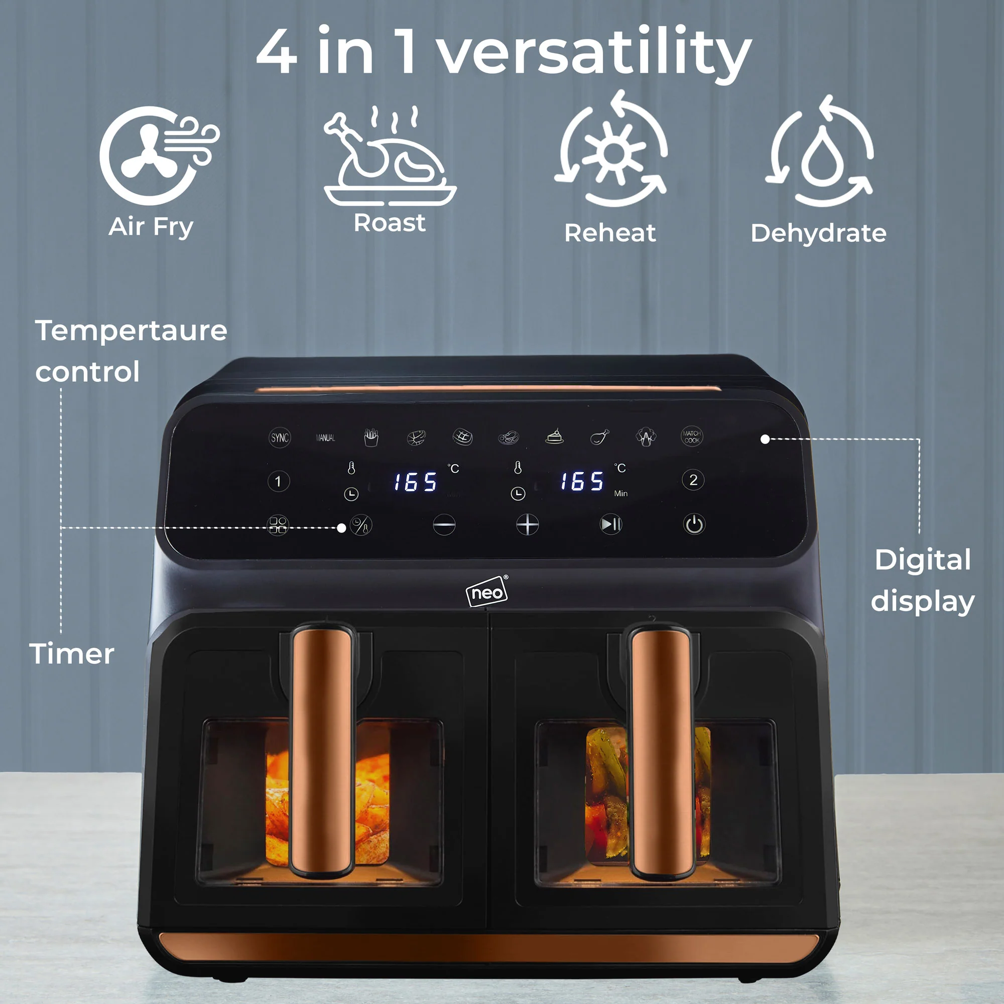 Neo Digital Electric Air Fryer Black & Copper 8.5L with Dual Drawer & Glass Viewing Window