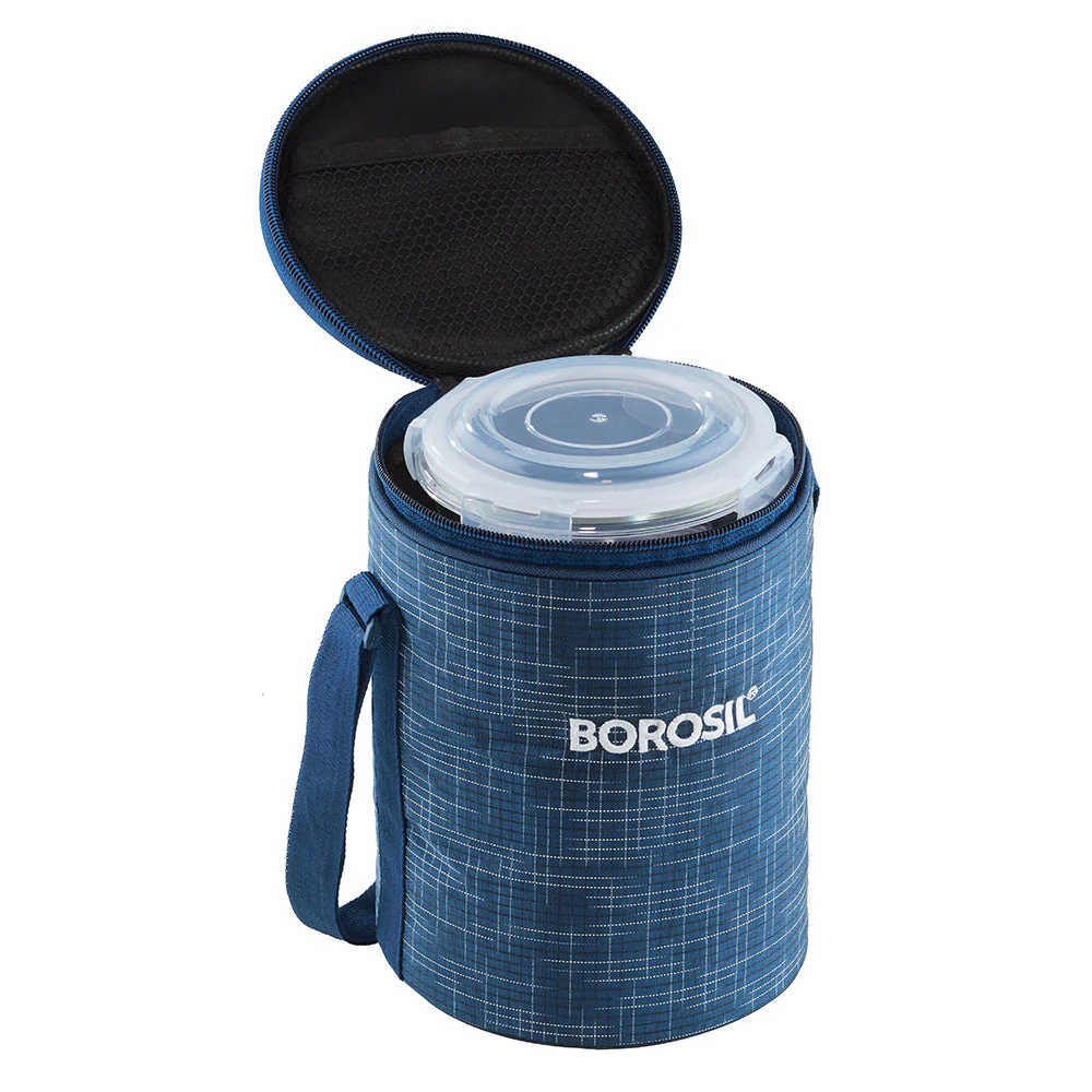 Borosil Indigo Glass Lunch Box, 3 Round, 400ml x 3
