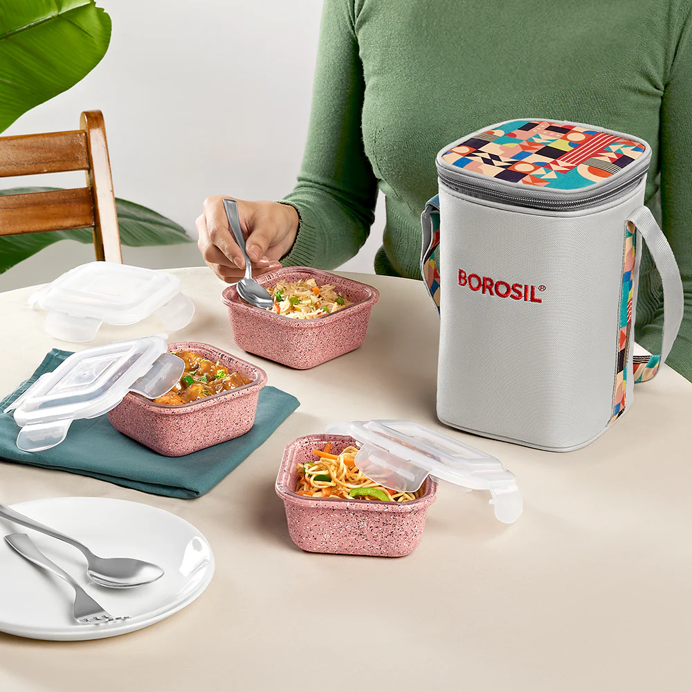 Borosil Kube Pink Glass Lunch Box, Square x 3 (Tall), Set of 3, 320ml