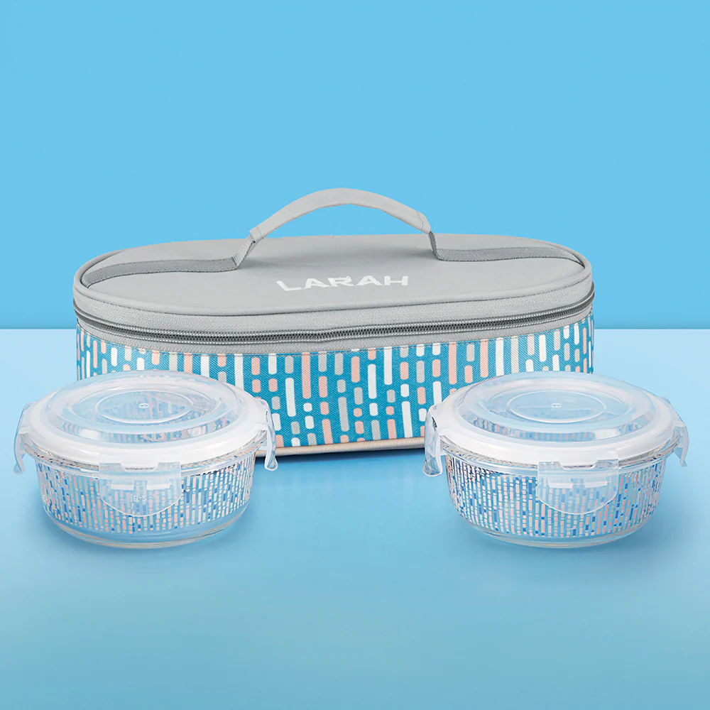 Larah Vogue Glass Lunchbox, Round x 2 (Flat), 400ml x 2