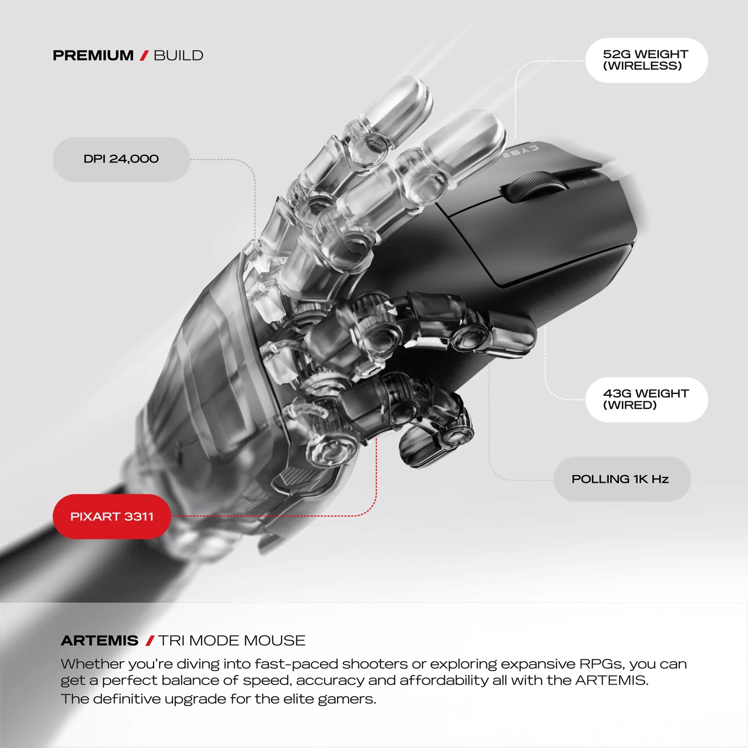 Artemis | 1K 52g Ultra-light Hot-Swap Tri-Mode Gaming Mouse