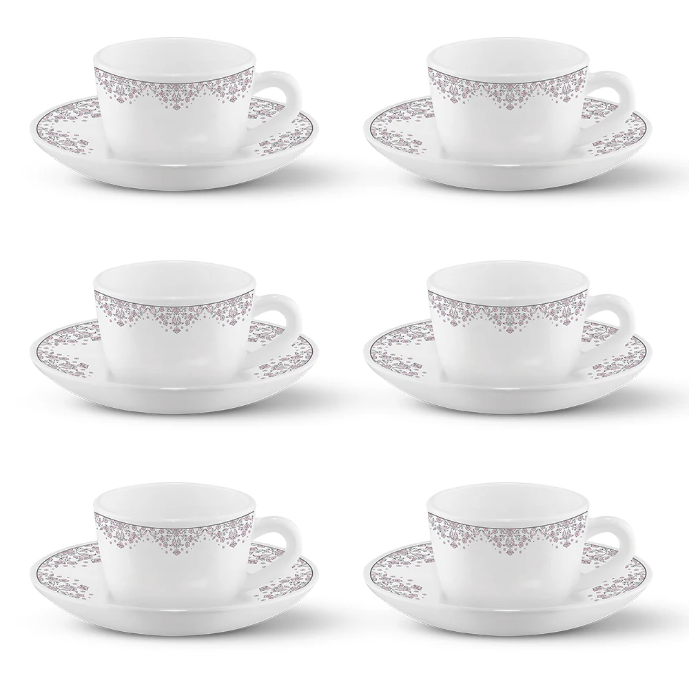 Larah by Borosil Lark Cup n Saucers Set, 140ml x 12