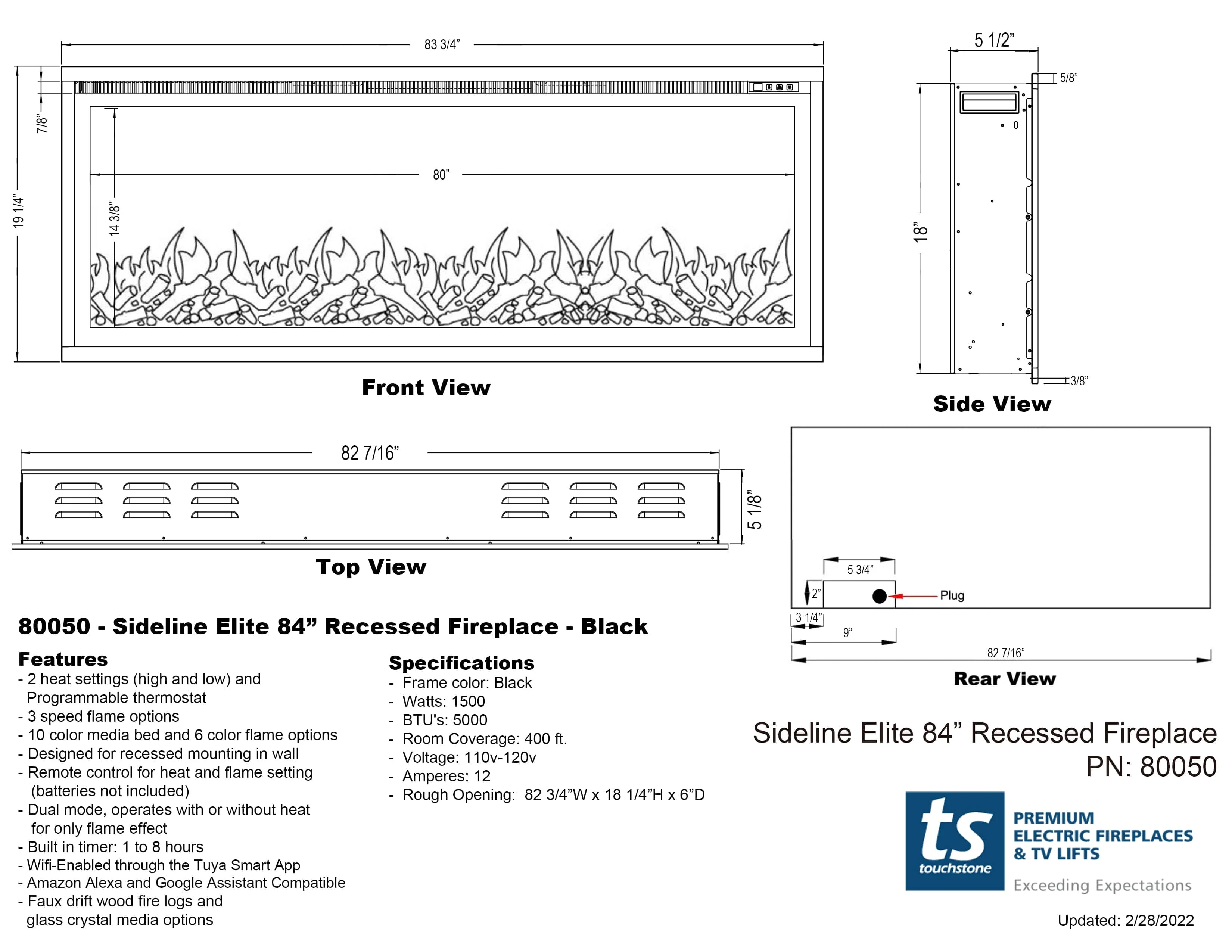 Sideline Elite 84 Inch Recessed Smart Electric Fireplace 80050