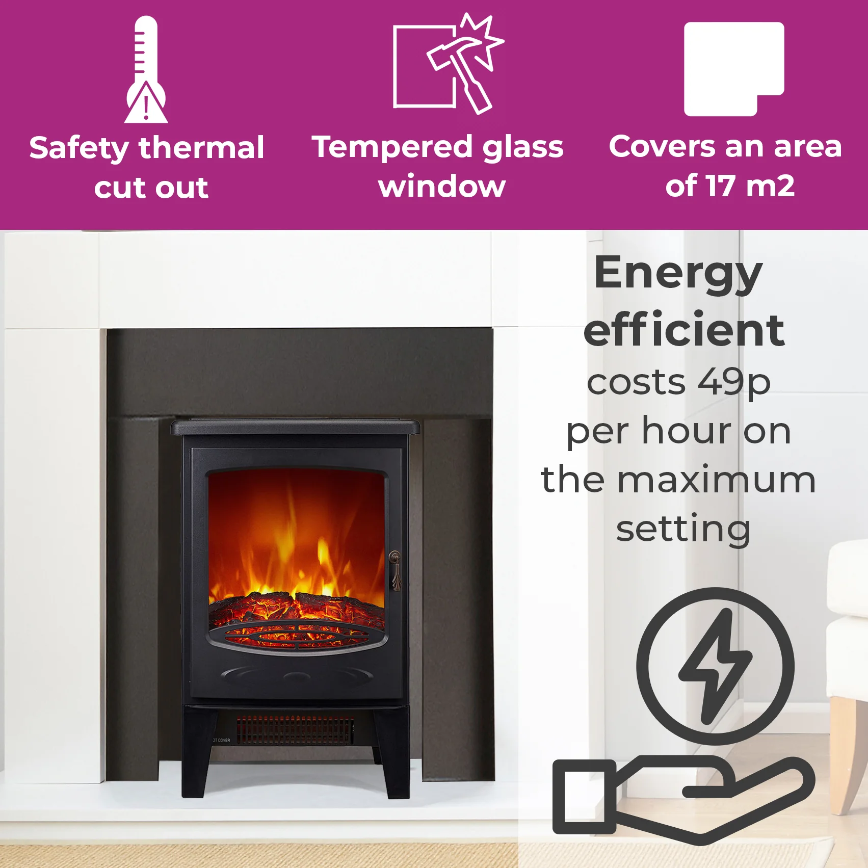 Neo Glass Window Electric Fire With Flame Effect - Black