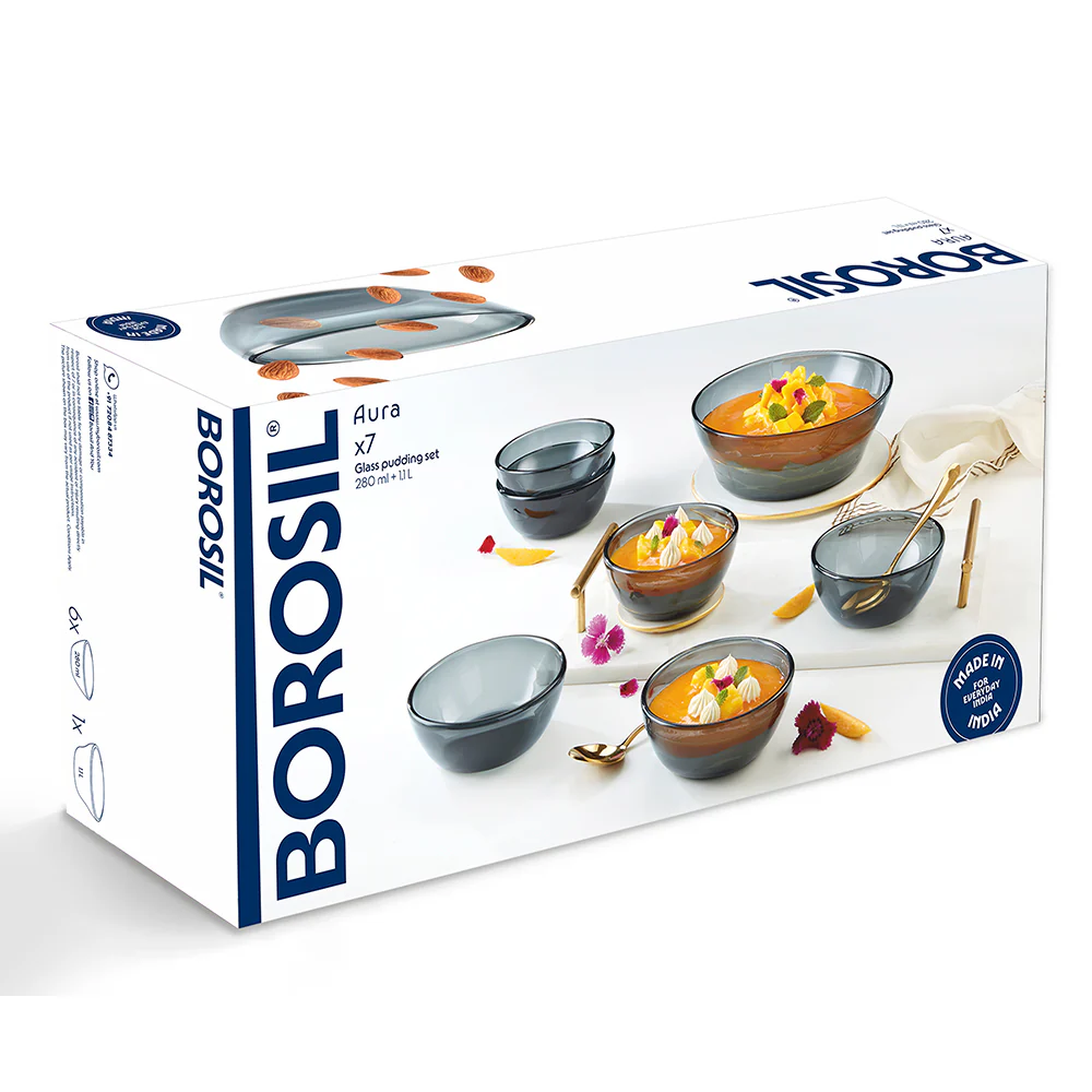 Borosil Aura Glass Big Pudding Set, Grey, 7 pc