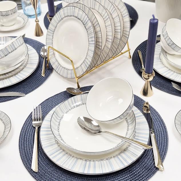 36 Piece Line Design Dinner Set White & Blue