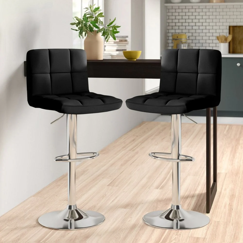 Neo Bar Stool Black Faux Leather & Polished Steel Base Set of Two