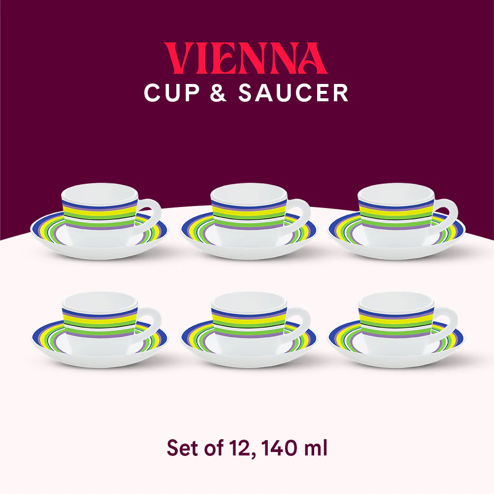 Larah by Borosil Vienna Cup n Saucers Set, 140ml x 12