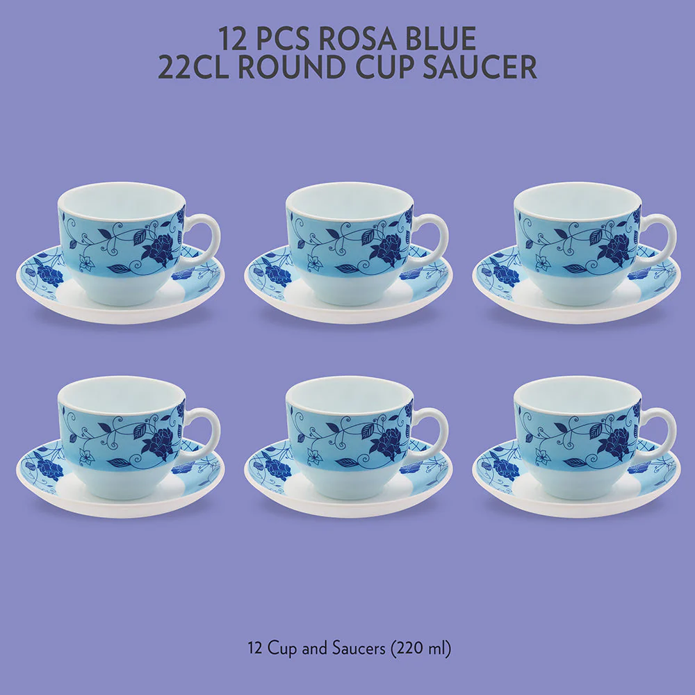 Larah by Borosil Rosa Blue Cup n Saucer Set, 220ml x 12