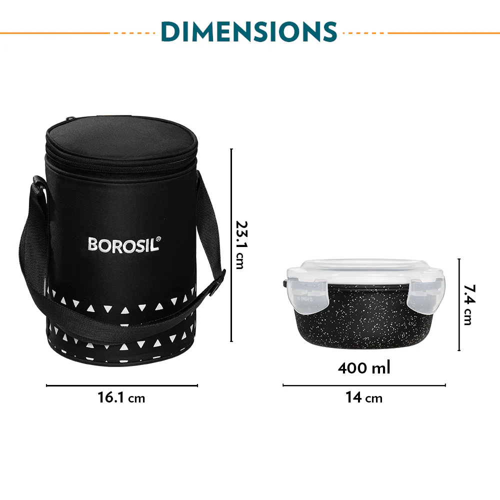 Borosil Kube Black Glass Lunch Box, Round x 3 (Tall), Set of 3, 400ml