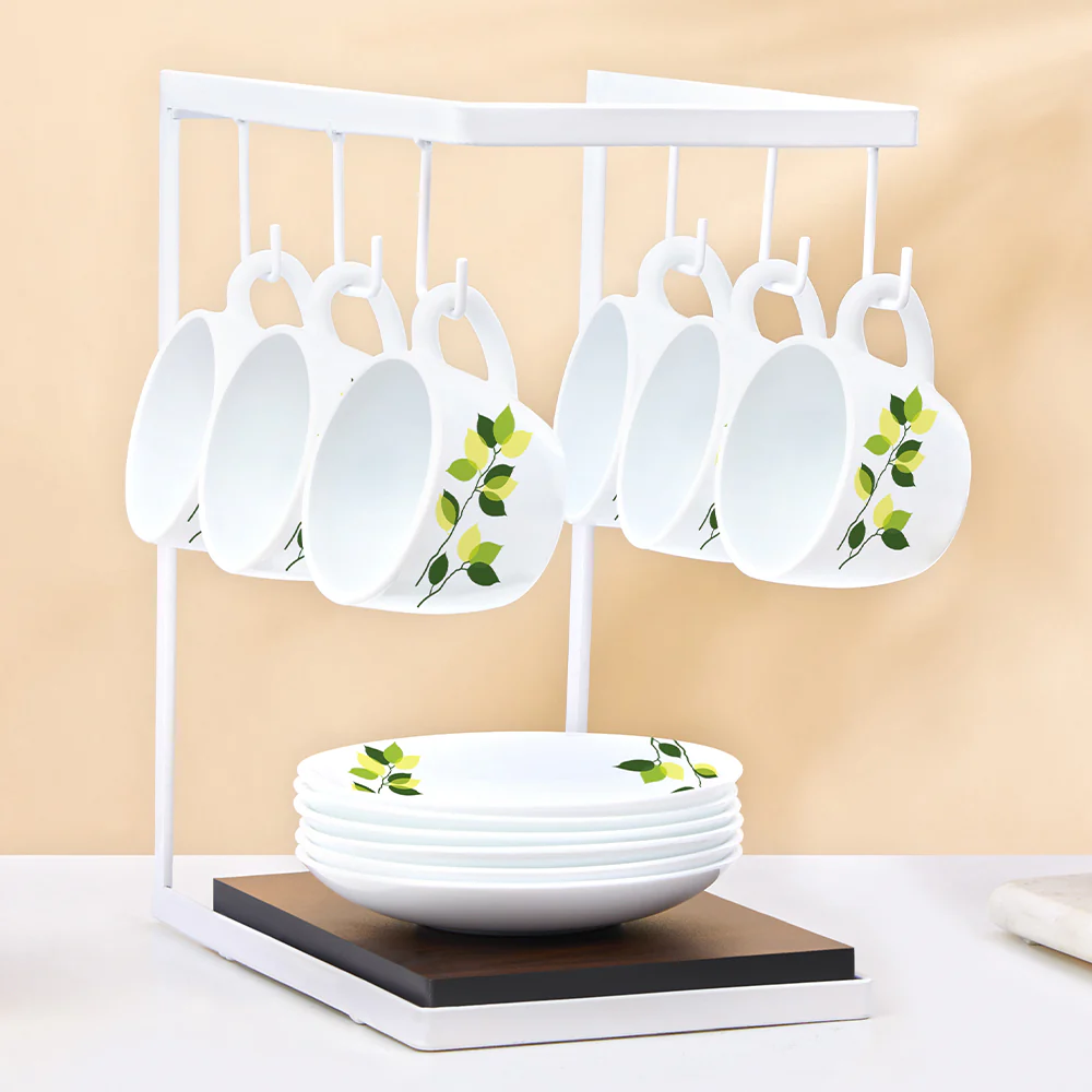 Larah By Borosil Green Leaves Cup n Saucer Set, 140ml x 12