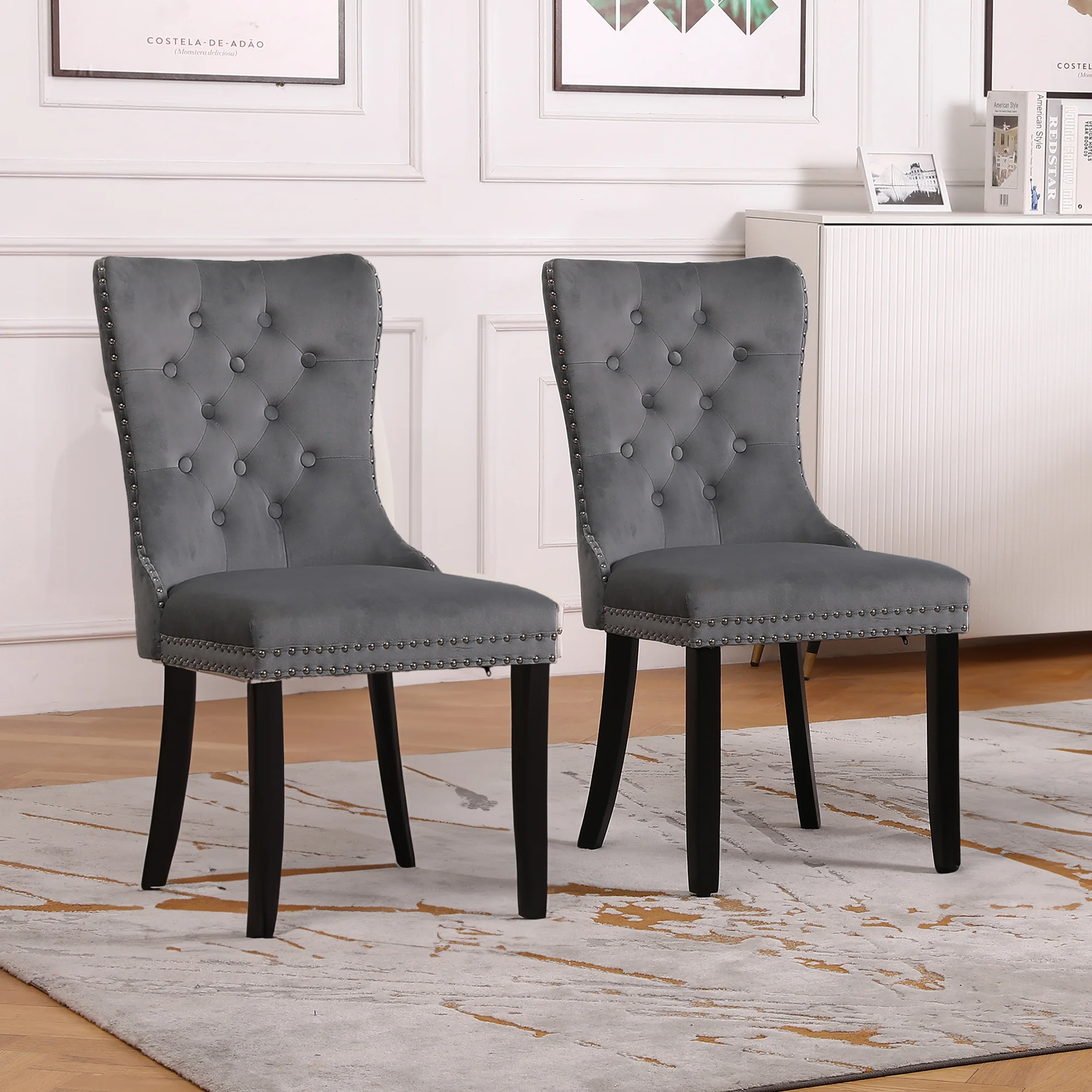 Neo Set Of Two Dark Grey Studded Velvet Dining Table Chair with Ring Knocker Detail
