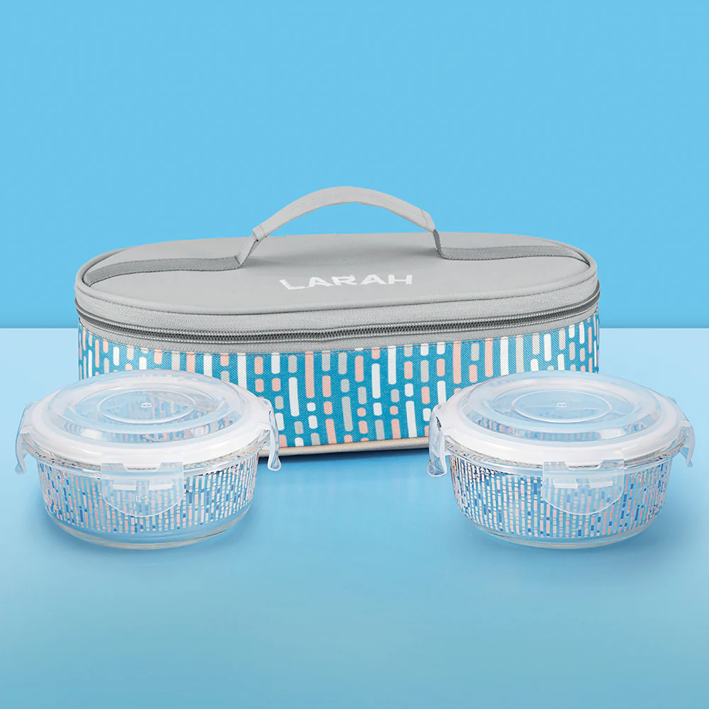 Larah Vogue Glass Lunchbox, Round x 2 (Flat), 400ml x 2