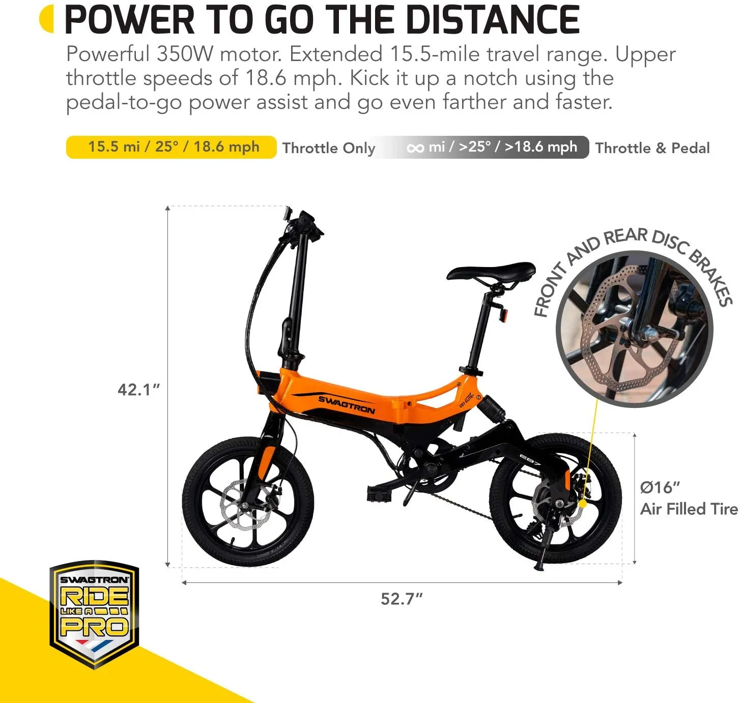 Folding Electric Bike with Removable Battery, Orange/Black, 16