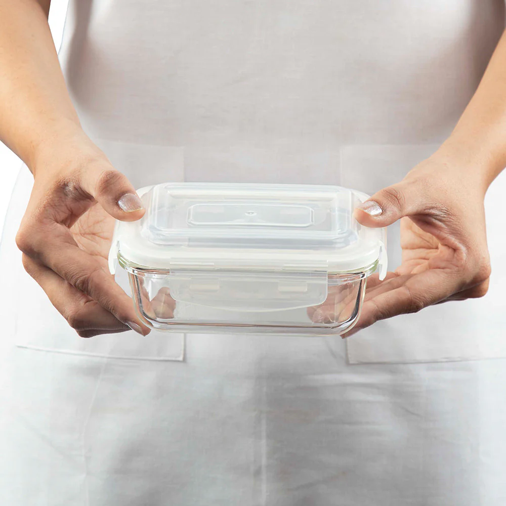 Alfa Blue Glass Lunch Box, Rectangle x 2 (Flat), Set of 2, 370ml