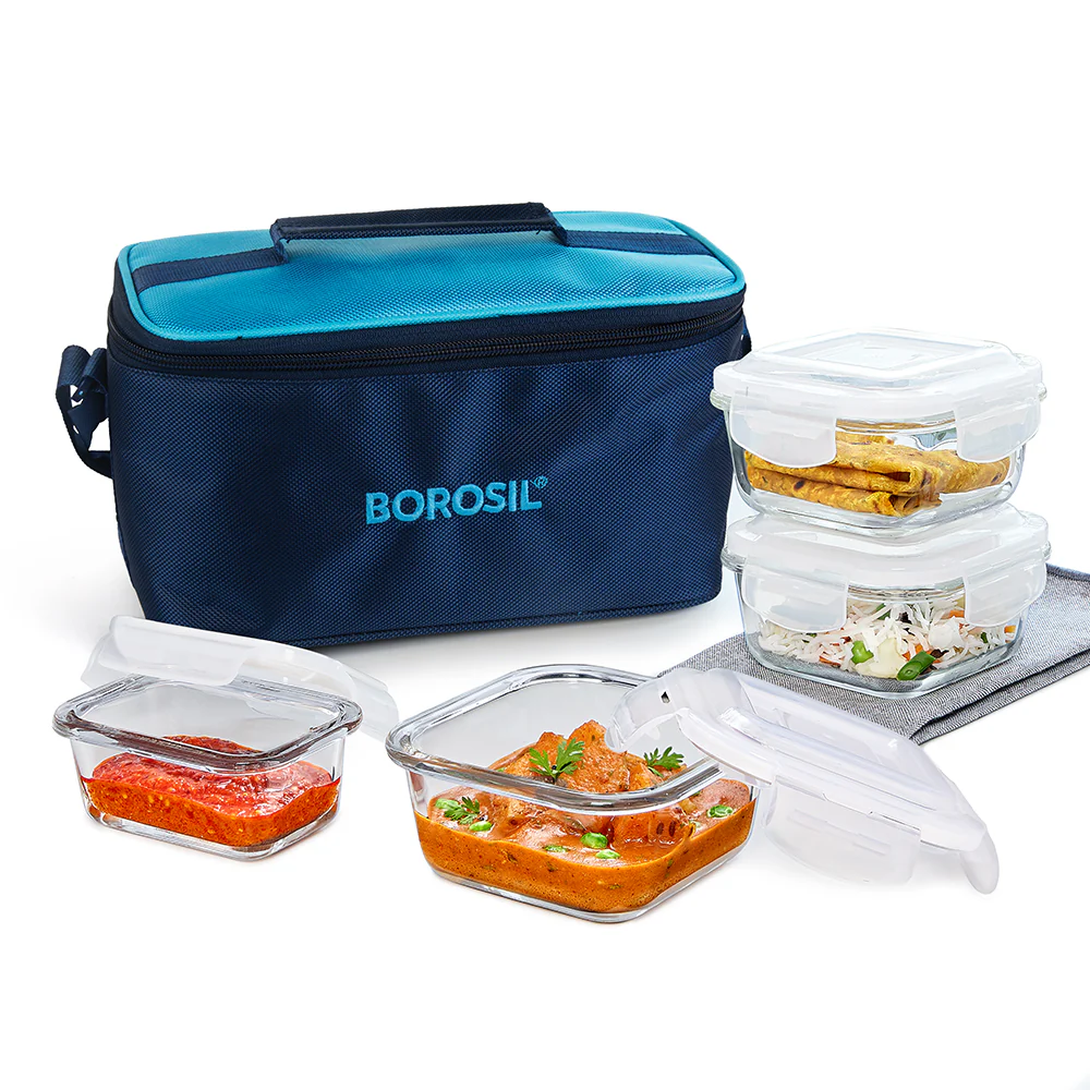 Alfa Aroma Blue Glass Lunch Box, Square x 4, Set of 4 (320ml x 3 + 120ml x 1)