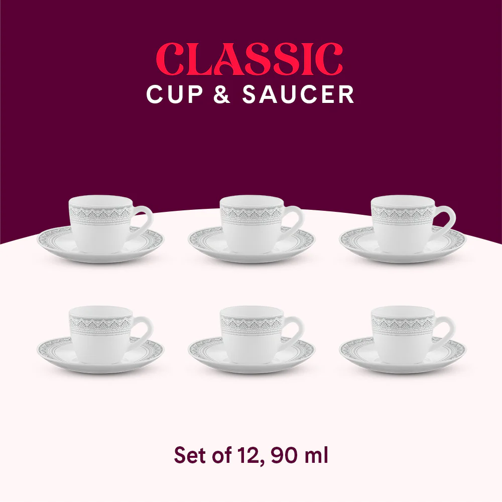 Larah by Borosil Classic Cup n Saucer Set, 90ml x 12