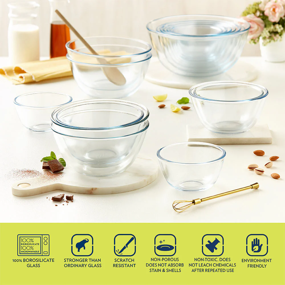 Borosil Mixing Bowl w Blue Lid Set of 3, 500ml + 900ml + 1.3 L