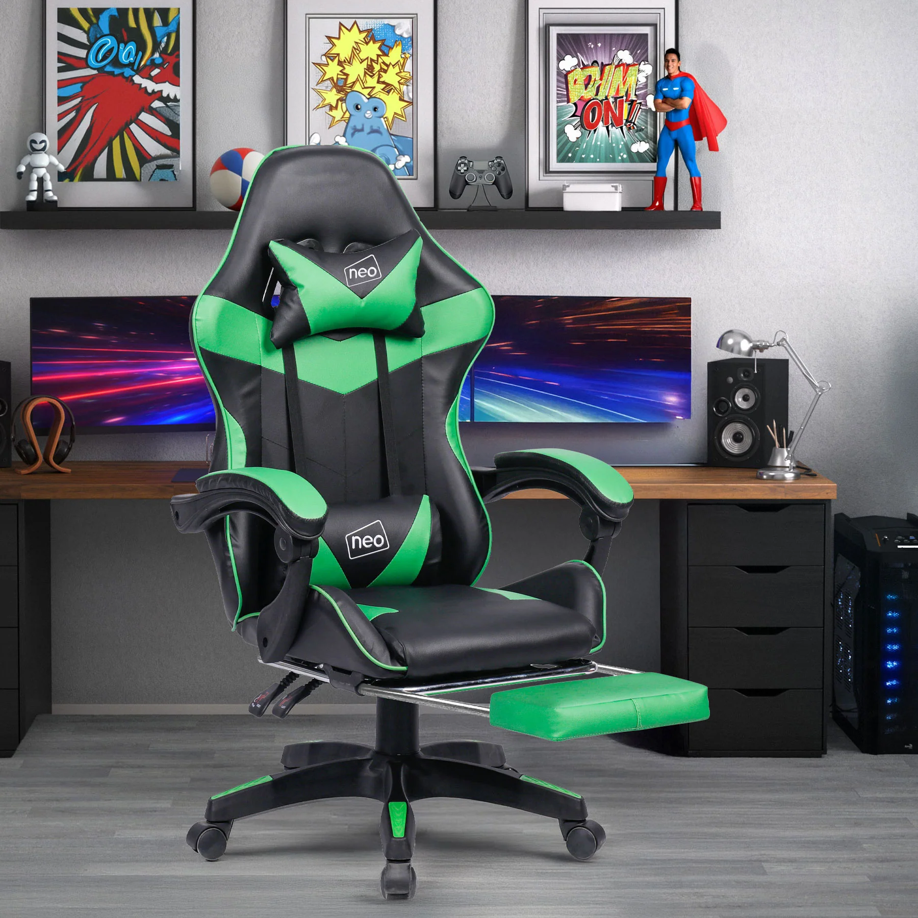 Neo Gaming Chair Green & Black Leather with Footrest