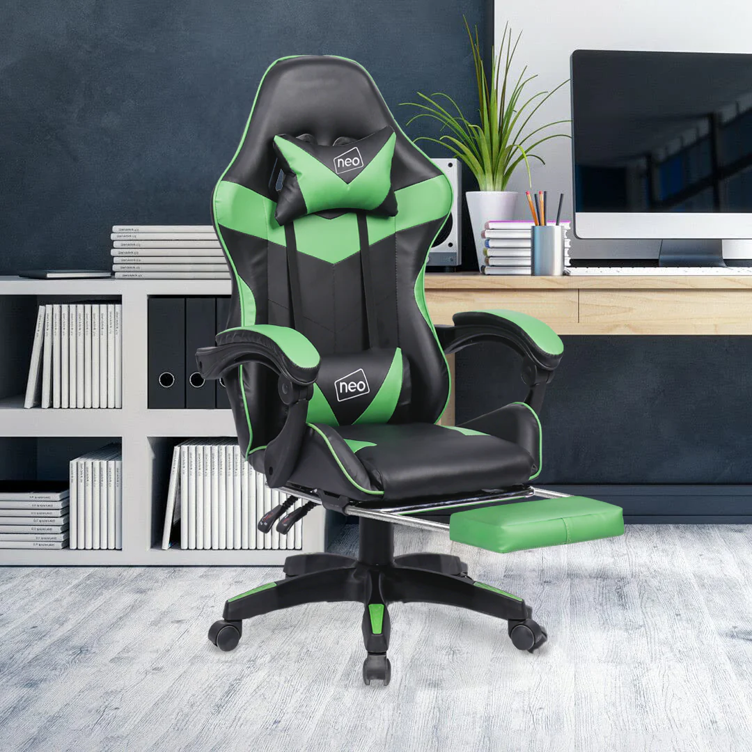 Neo Gaming Chair Green & Black Leather with Footrest