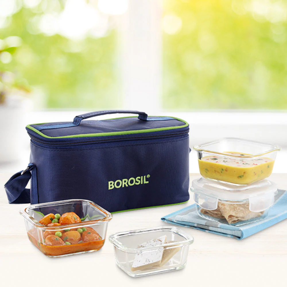Borosil Glass Lunchbox, Square + Rectangular, 320ml x 3 (+) 120ml