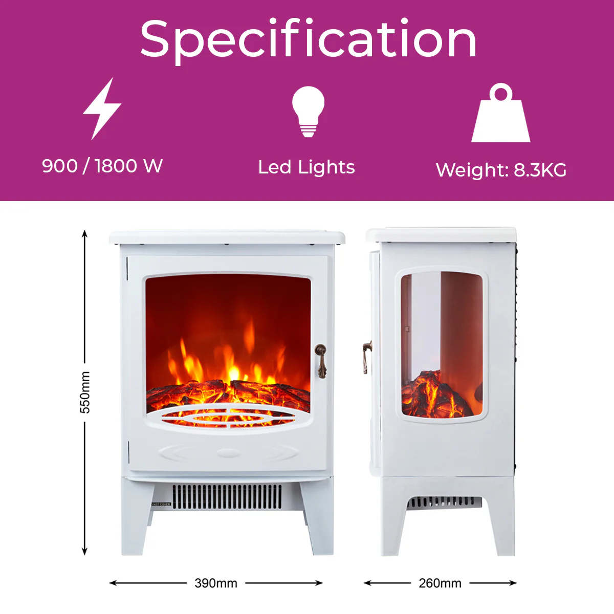 Neo Glass Window Electric Fire With Flame Effect - White