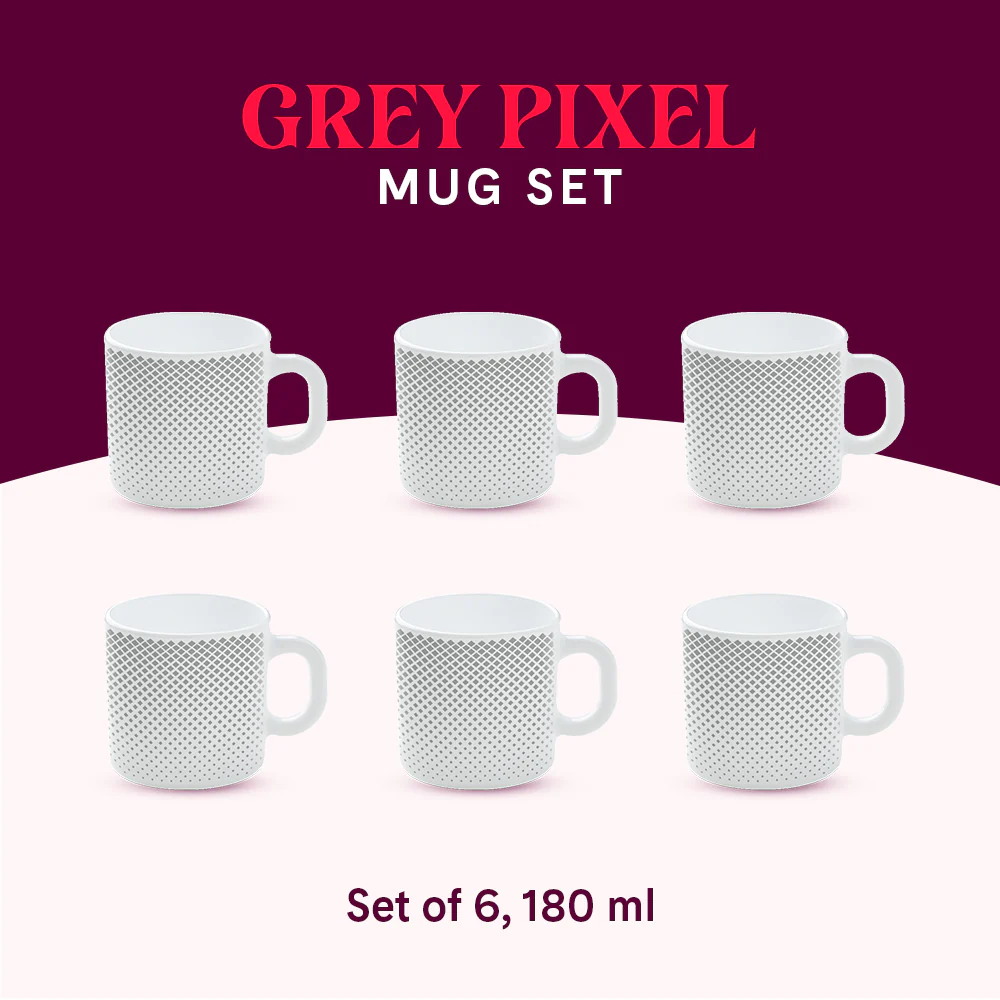 Larah by Borosil Grey Pixel Mug Set, 180ml x 6